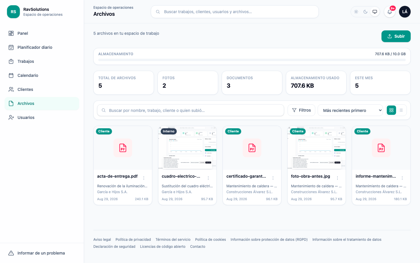 La biblioteca de archivos de RavSolutions WorkHub con fotos y documentos vinculados a trabajos y clientes, marcados como visibles para el cliente o internos, y el almacenamiento usado.