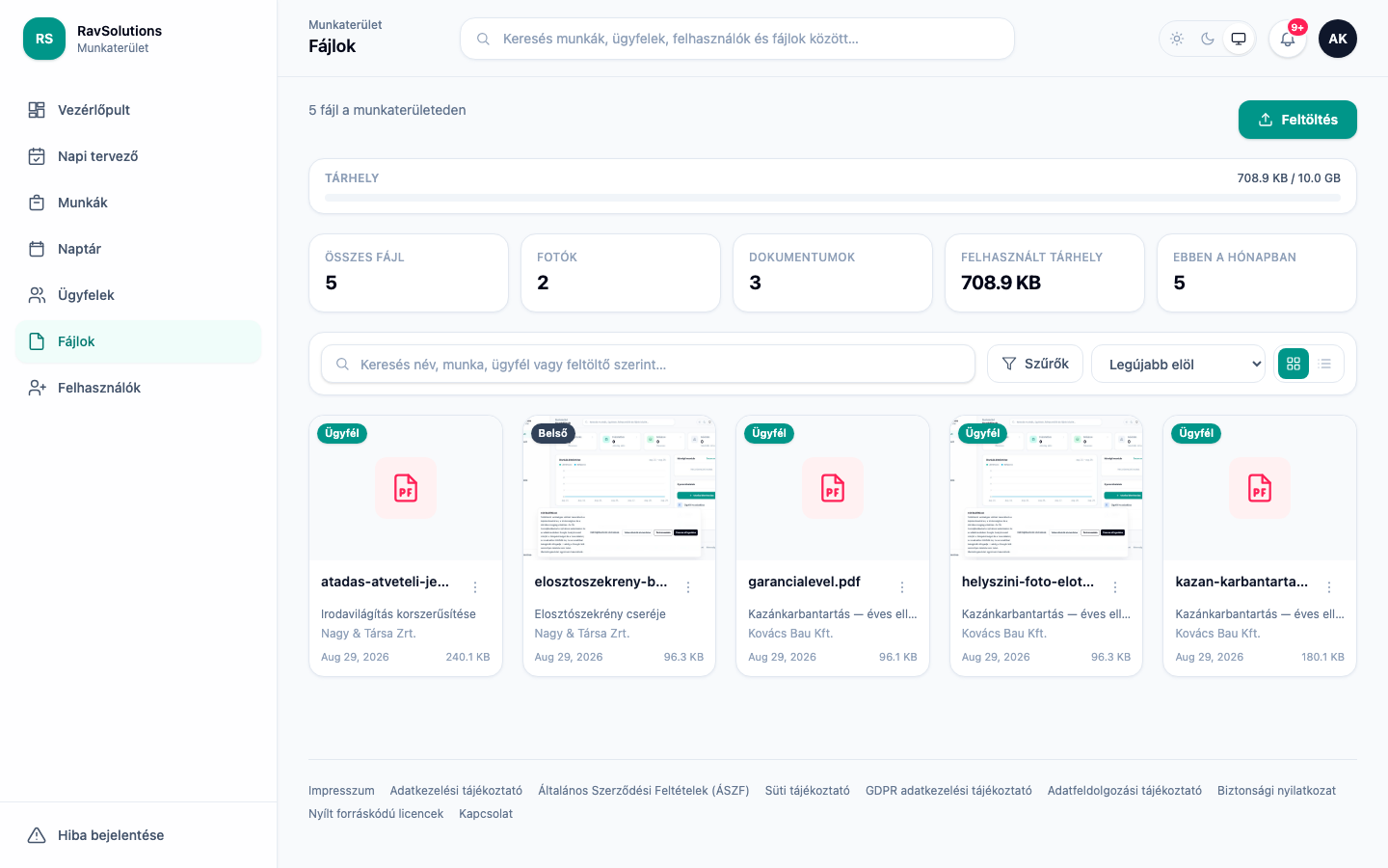 A RavSolutions WorkHub fájltára: munkához és ügyfélhez rendelt fotók és dokumentumok, ügyfélnek látható és belső jelöléssel, tárhelyfoglalással.