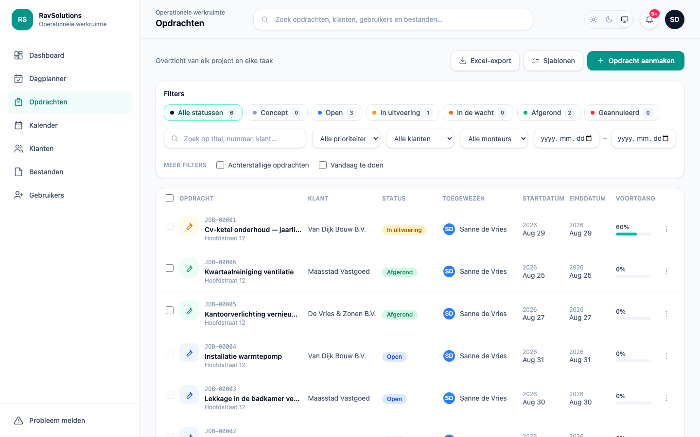 De RavSolutions WorkHub-opdrachtenlijst met statusfilters en per opdracht de klant, toegewezen monteur, start- en einddatum.